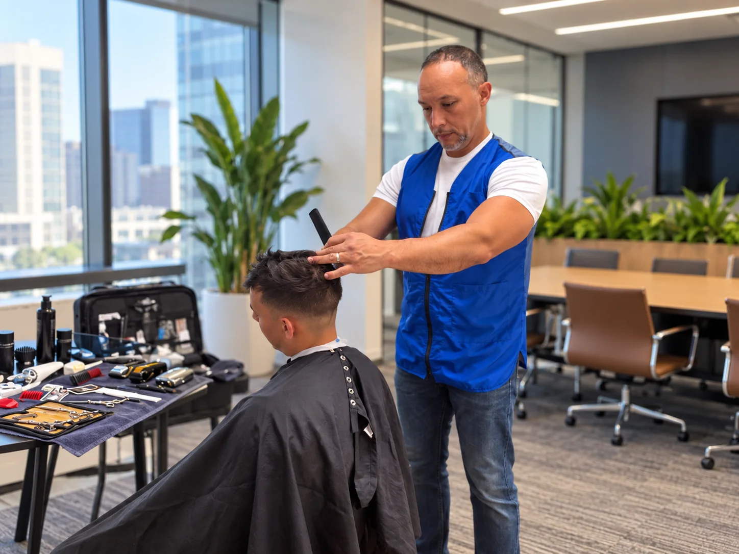 Hair & Cuts barber giving a haircut in a New York City office during a Barber Day