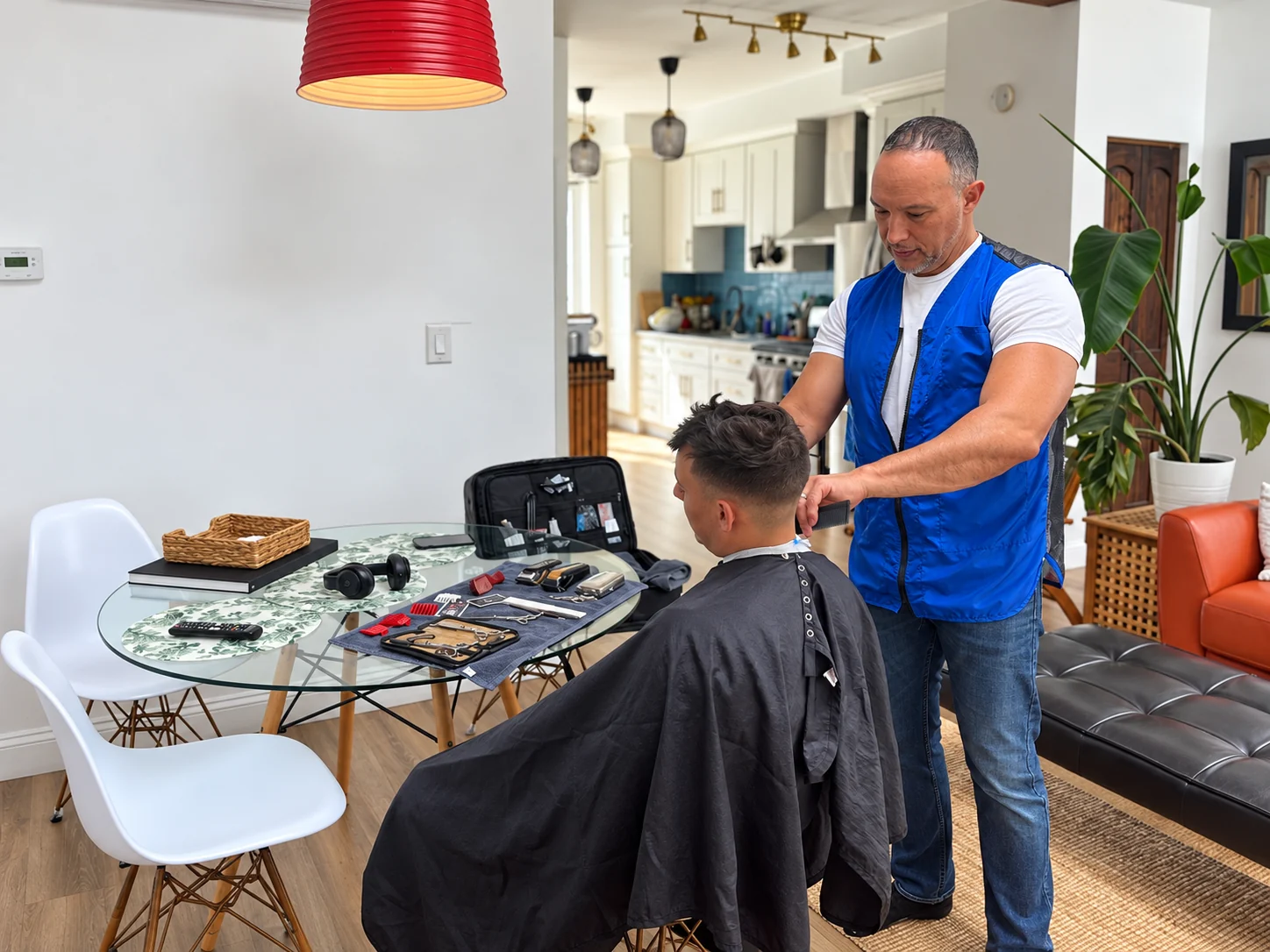 Hair and Cuts barber providing a private haircut in a client's home